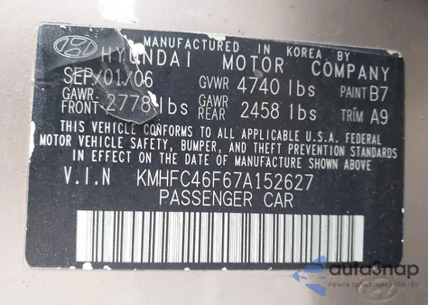 2007 Hyundai Azera Limited/Se z USA, uszkodzony, nr VIN KMHFC46F67A152627